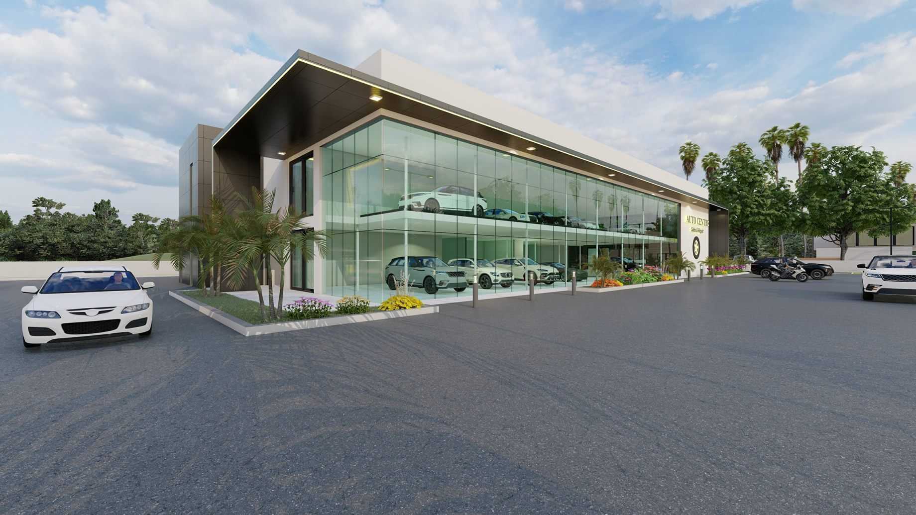 A luxurious indoor shopping mall designed by Leonard Design features an elegant, spiral staircase with gold accents and illuminated steps. Glass railings line the stairs and balconies, reflecting the modern and upscale ambiance. Shoppers and displays are visible throughout the open, spacious area.